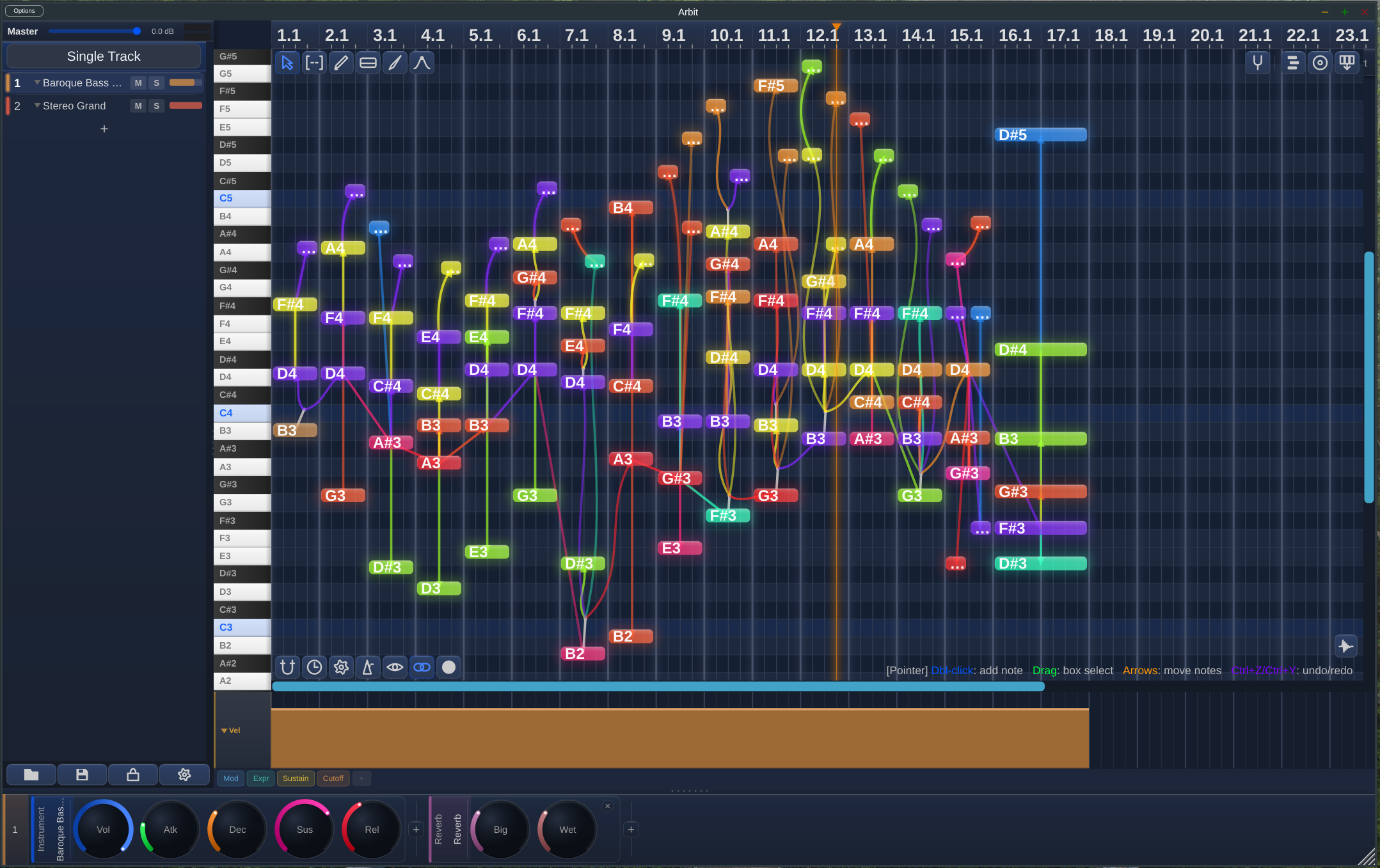 DonutStudio window. Piano roll center, track sidebar left, transport top, device panel right