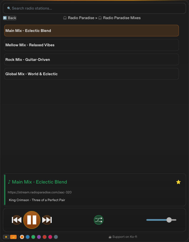 Radio Paradise source view with the current station, track metadata and favorite star
