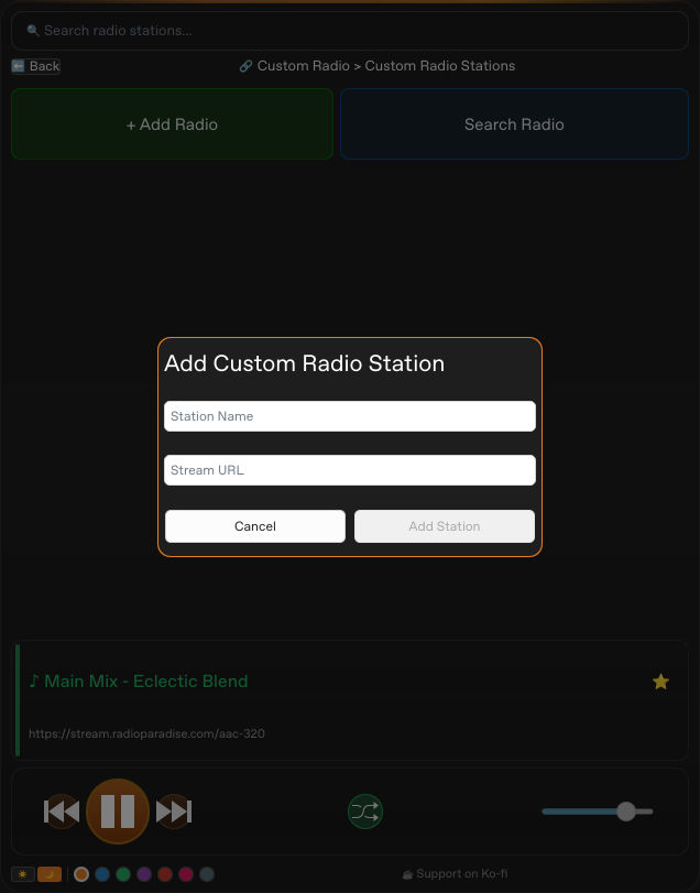 FreeRadio Add Custom Radio Station dialog with station name and stream URL fields